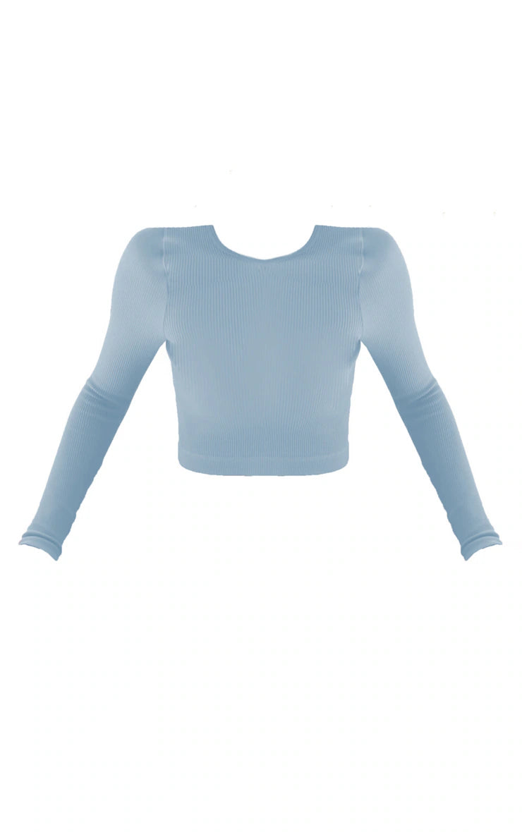 Dusky Blue Contour Rib Round Neck Long Sleeve Crop Top
