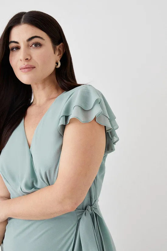 Plus Size Double Flutter Sleeve Wrap Bridesmaids Dress