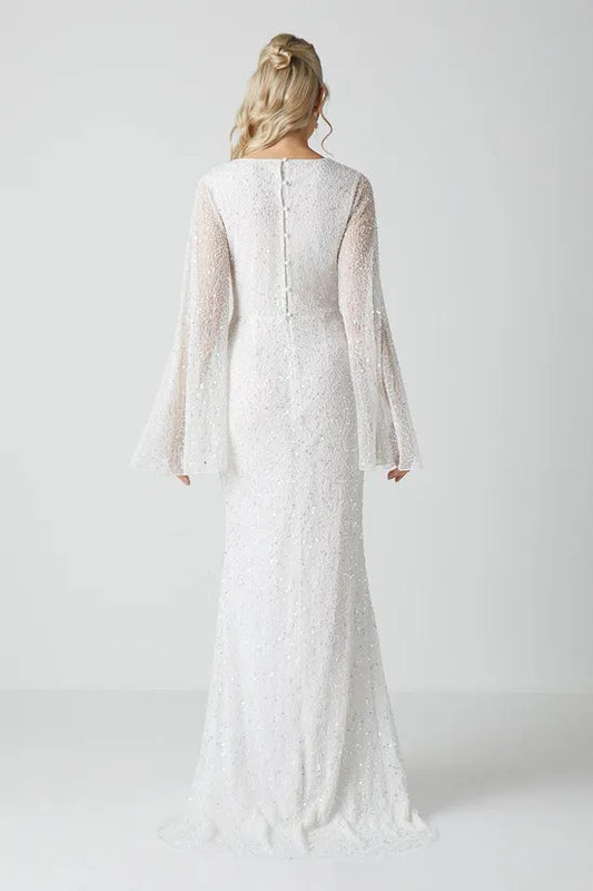V Neck All Over Embellished Flare Sleeve Wedding Dress