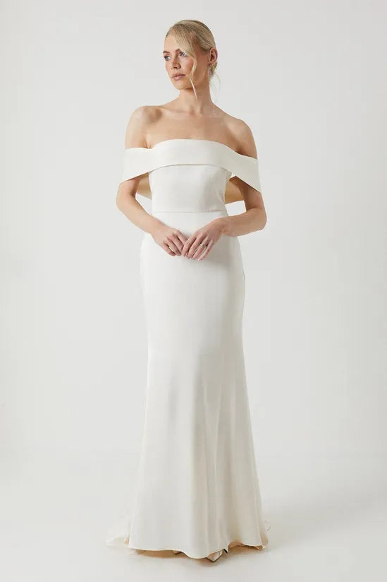 Satin Bardot Fishtail Maxi Dress With Train
