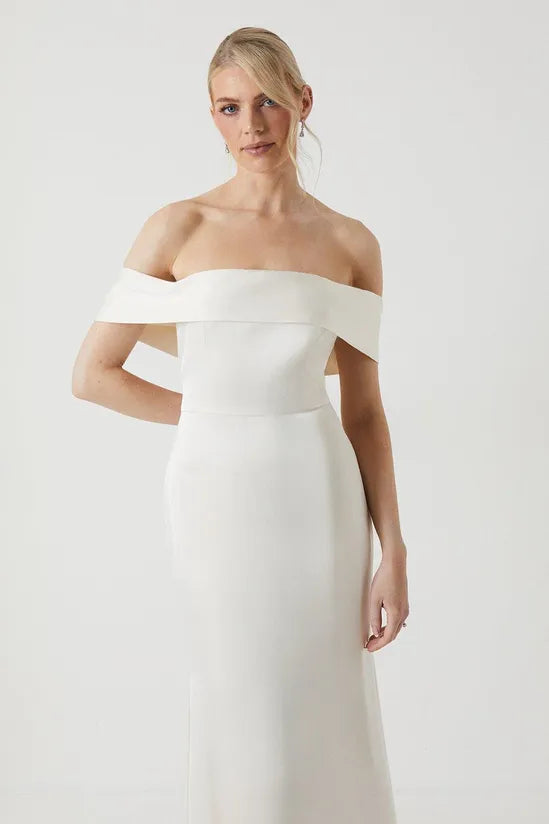 Satin Bardot Fishtail Maxi Dress With Train