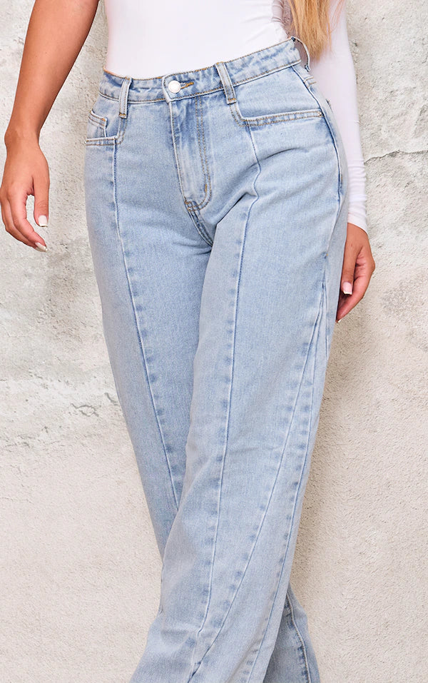 Light Blue Washed Front Seam Detail Wide Leg Jeans