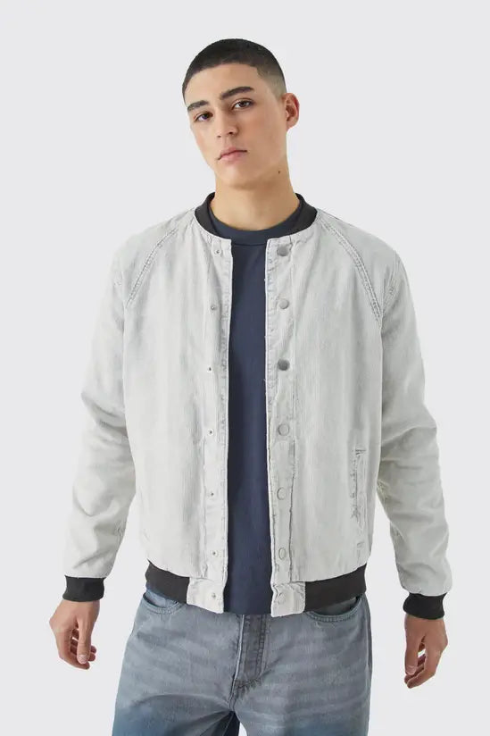 boohooMAN Cord Acid Wash Quilted Bomber Jacket In Light Grey