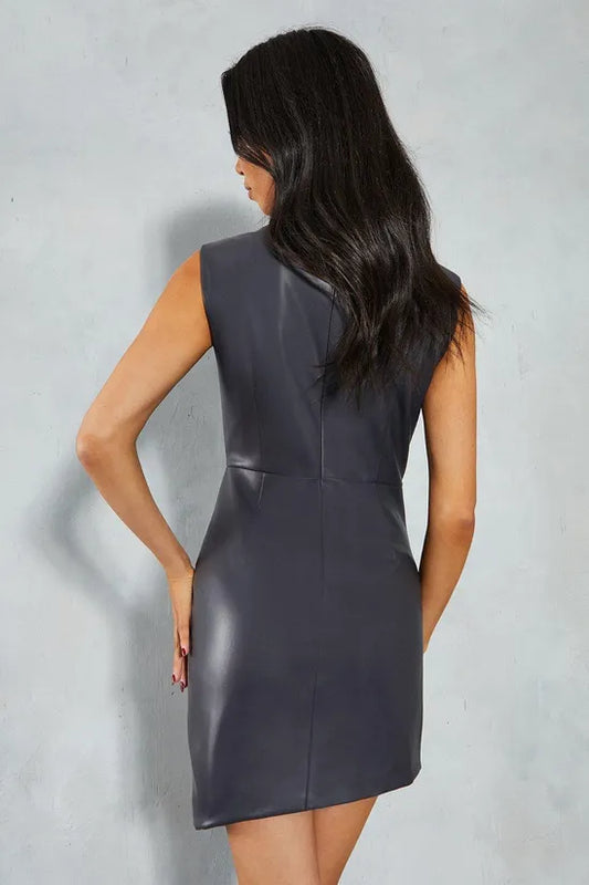Premium Leather Look Square Neck Ruched Mini Dress