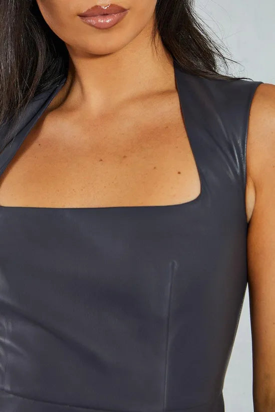 Premium Leather Look Square Neck Ruched Mini Dress