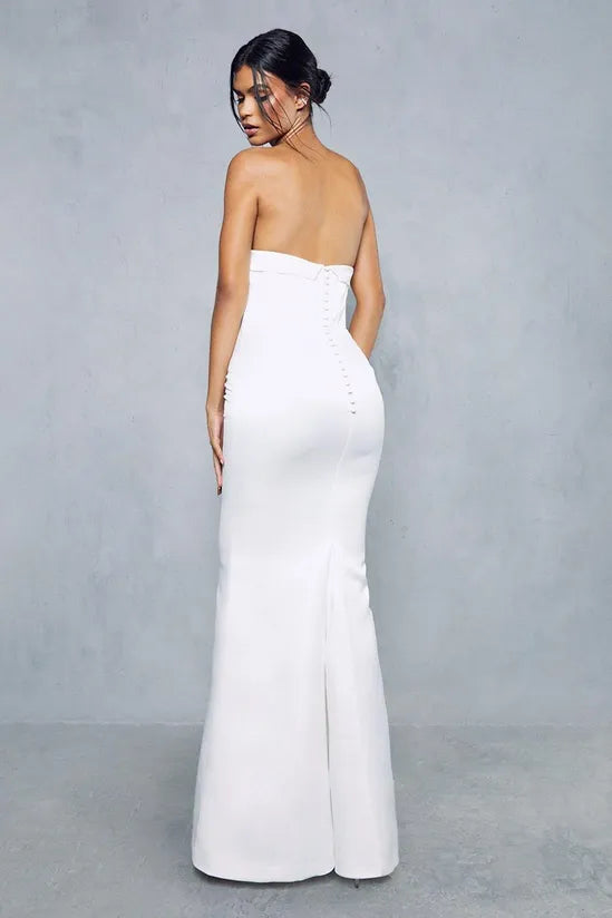 Premium Satin Strapless Corseted Button Detail Gown