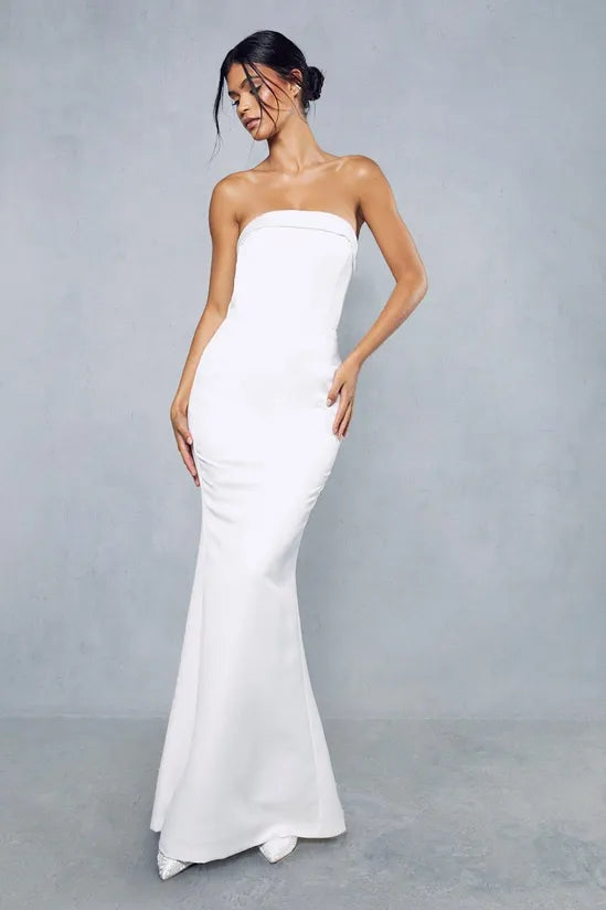 Premium Satin Strapless Corseted Button Detail Gown