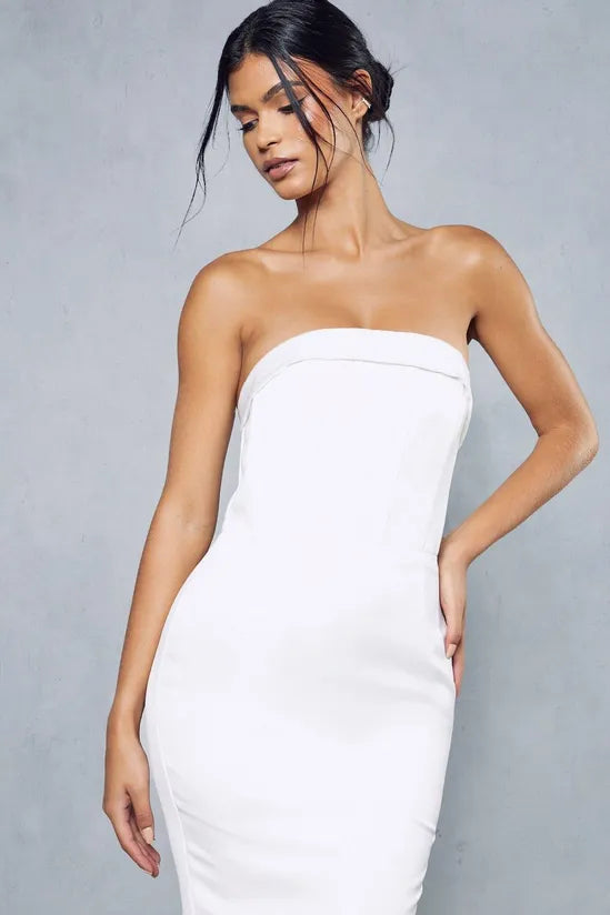 Premium Satin Strapless Corseted Button Detail Gown