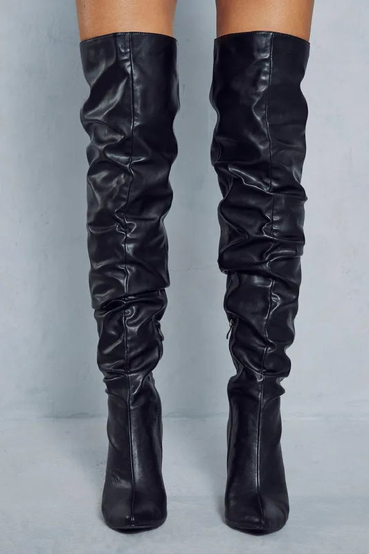 Leather Look Ruched Over The Knee Boots