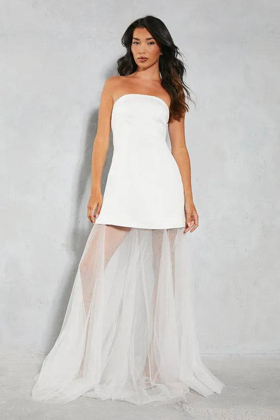 Premium Satin Detachable Tulle Skirt Bandeau Maxi Dress