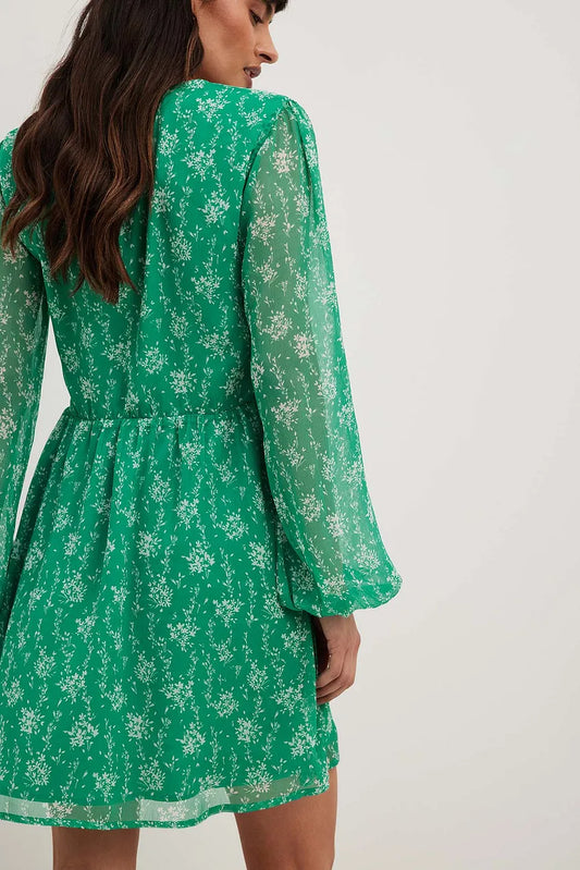 Chiffon Overlap Puff Sleeve Mini Dress