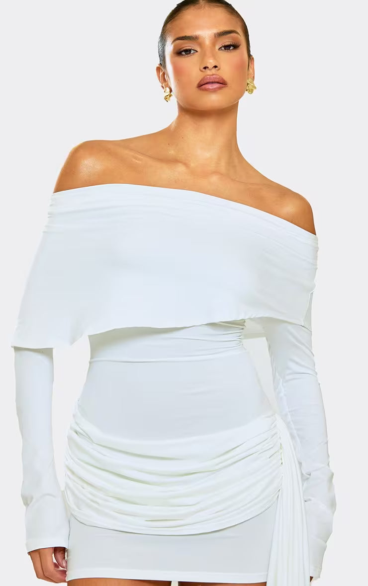 Asymmetric Bardot Drape Detail Mini Bodycon Dress In White Slinky