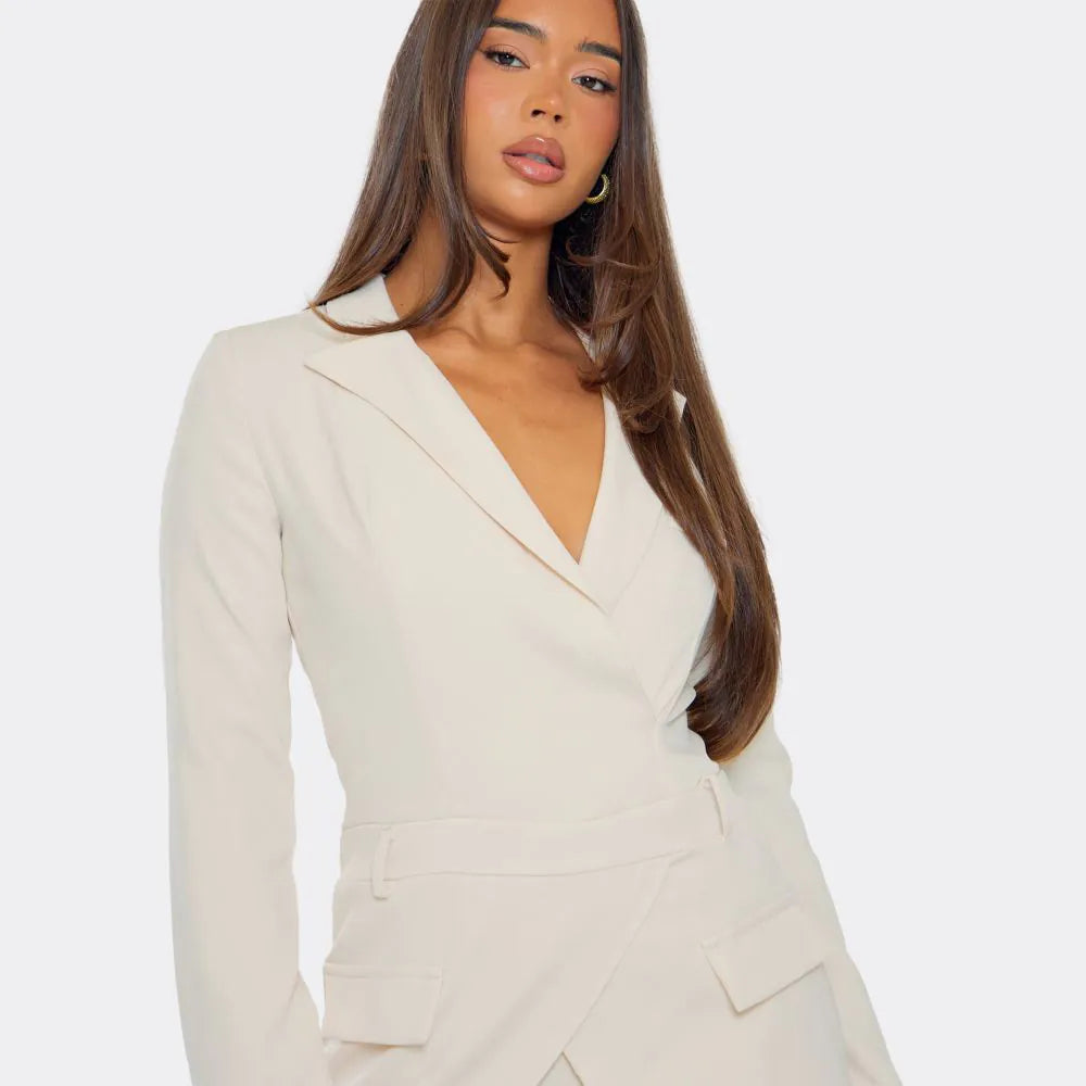 Long Sleeve Plunge Front Pocket Detail Blazer Playsuit In Cream