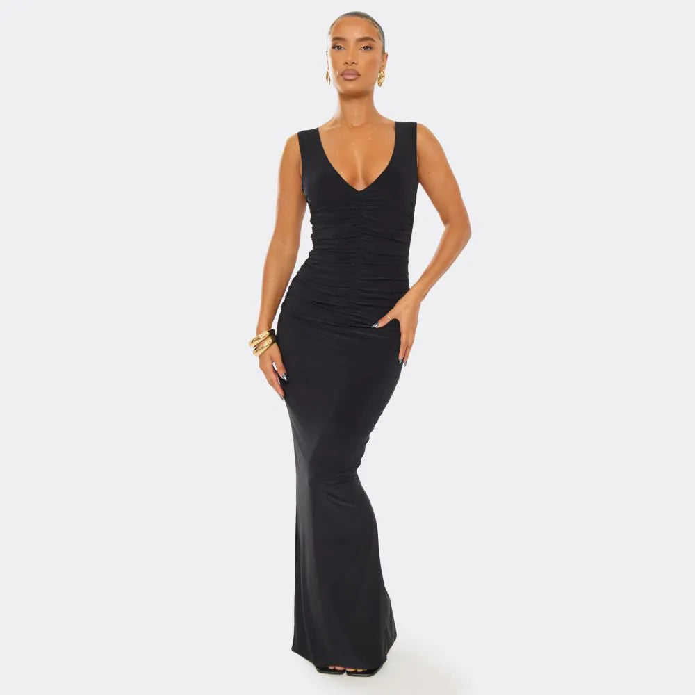 Plunge Gathered Front Maxi Dress In Black Slinky