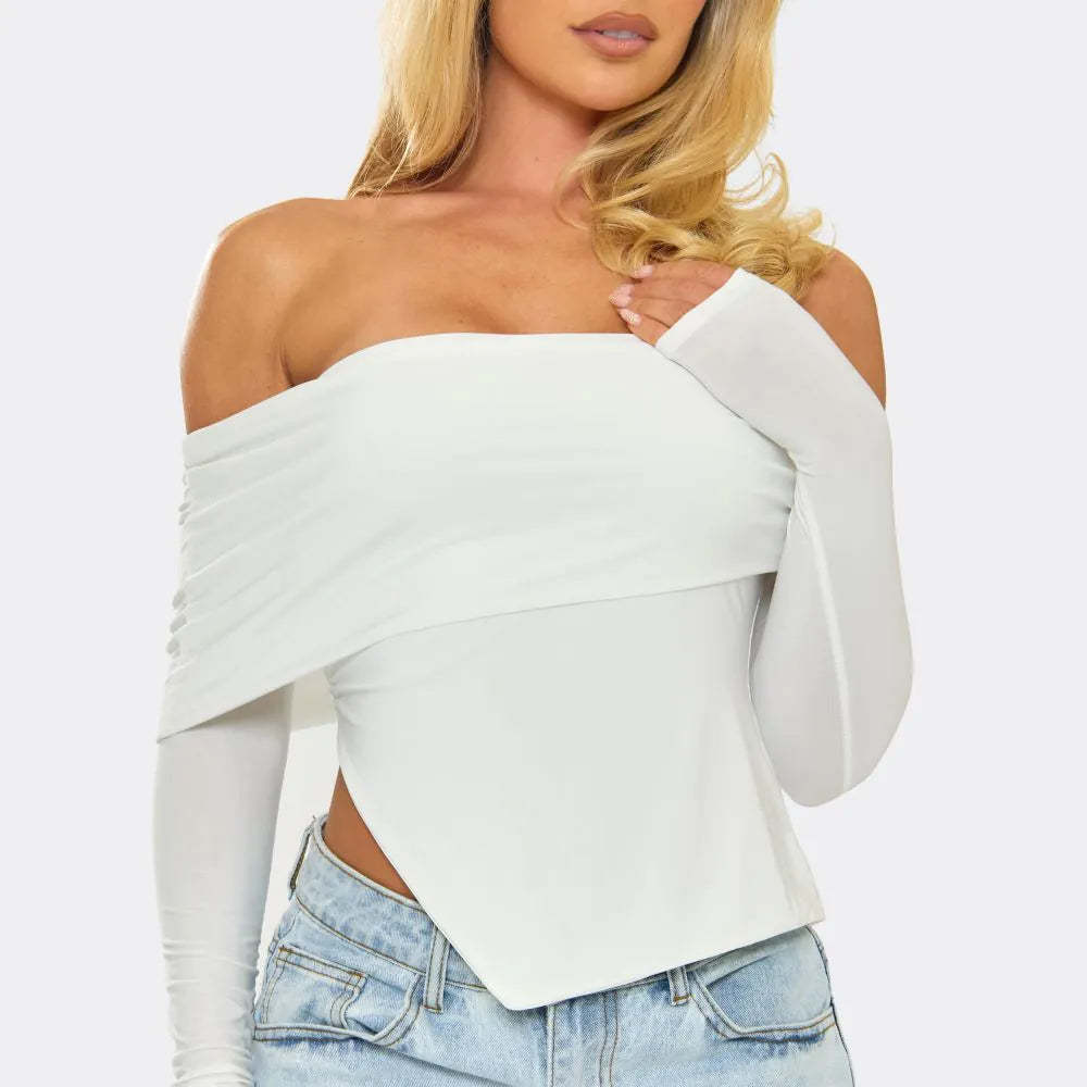 Bardot Long Sleeve Asymmetric Split Hem Detail Top In White