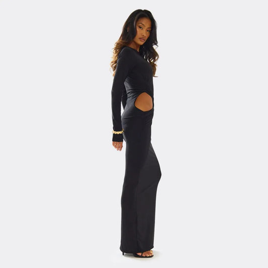 Long Sleeve Cut Out Detail Maxi Dress In Black