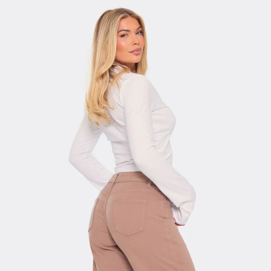 Long Sleeve Collar Button Down Fitted Top In White