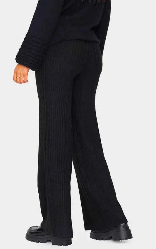 Plt - Tall Black Luxe Rib Knit Wide Leg Trousers