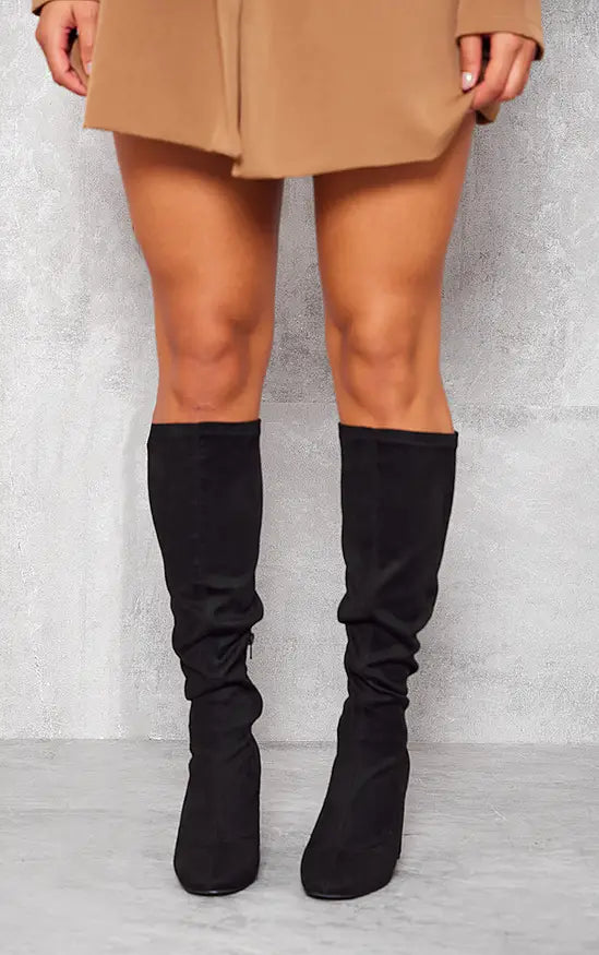 Plt - Black Faux Suede Round Toe Knee High Block Heeled Sock Boots