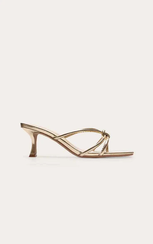 Plt - Gold Wide Fit Pu Square Toe Knotted Heeled Mules