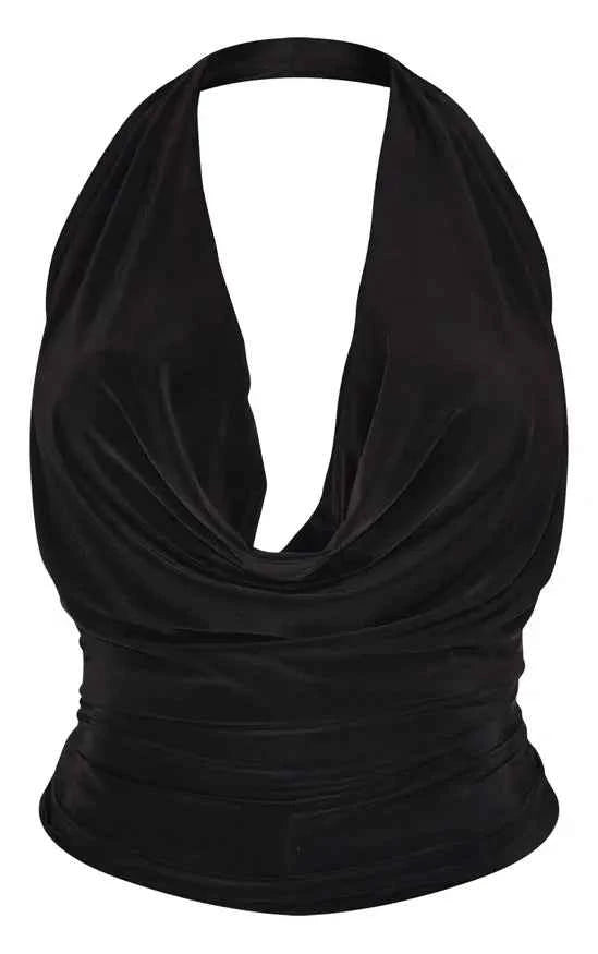 Plt - Shape Black Halter Cowl Neck Long Line Open Back Top