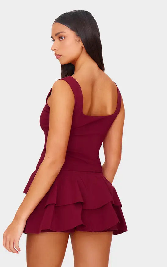 Plt - Burgundy Stretch Woven Pleated Skort Playsuit