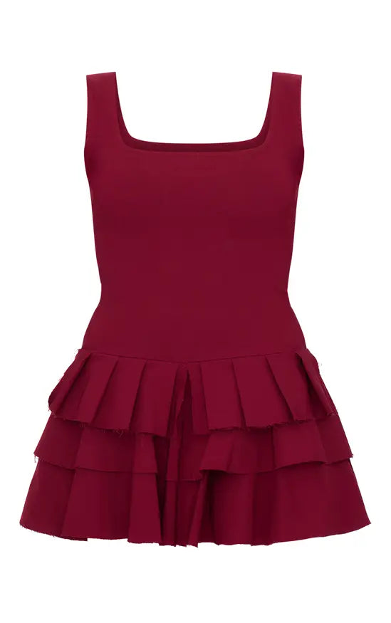 Plt - Burgundy Stretch Woven Pleated Skort Playsuit