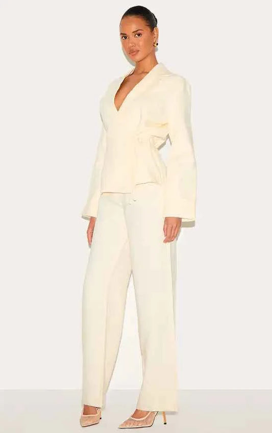 Plt - Cream Premium Woven Tie Side Blazer Jumpsuit