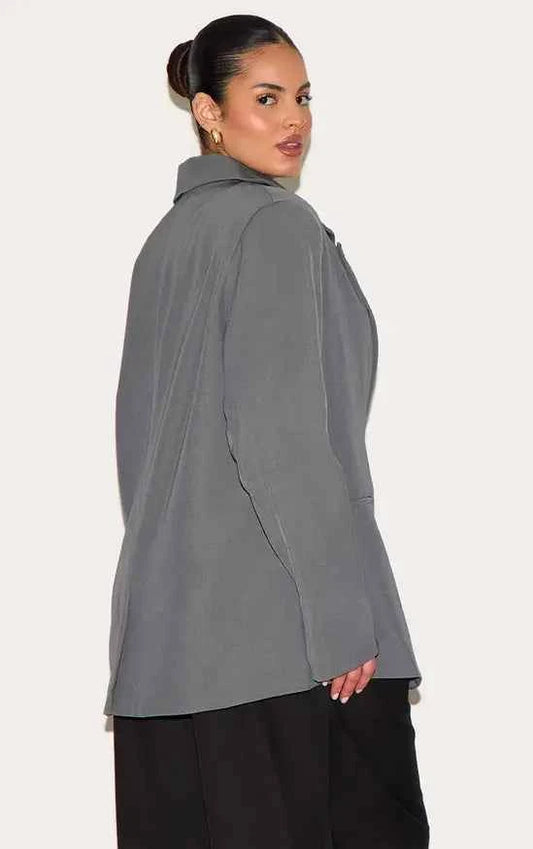 Plt - Plus Grey Oversized Exaggerated Collar Blazer