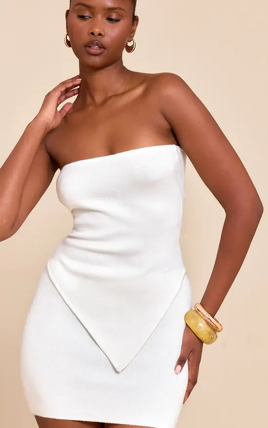 Plt - White Fine Knit Bandeau Asymmetric Hem Top