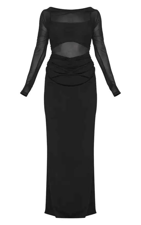 Plt - Petite Slinky Long Sleeve Maxi Dress With Mesh Details