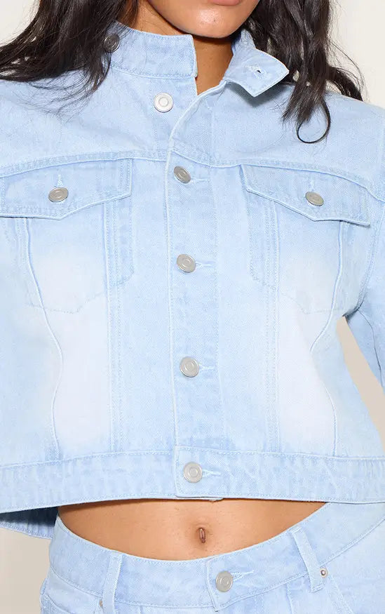 Plt - Light Blue Seam Detail Cropped Denim Racer Jacket