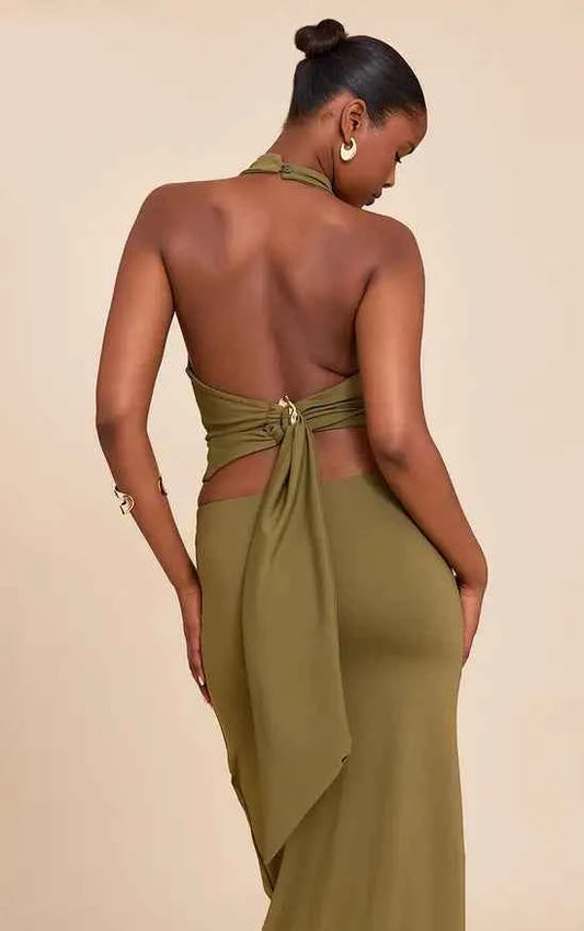 PrettyLittleThing Matte Sculpt Halterneck Gold Detail Backless Top Co-ord