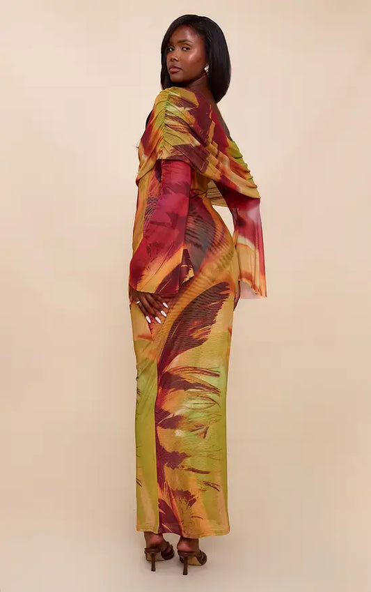 Plt - Orange Lined Mesh Long Sleeve Maxi Dress