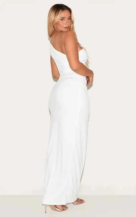 Plt - Shape White One Shoulder Ruched Side Maxi Dress