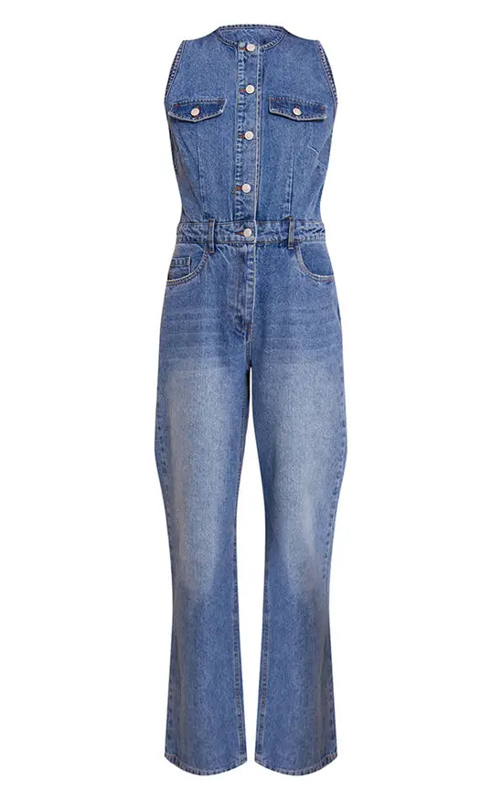 PrettyLittleThing Sleeveless Shirt Style Denim Jumpsuit