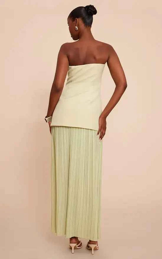 Plt - Sage Green Chiffon Pleated Skirt Panel Bandeau Maxi Dress
