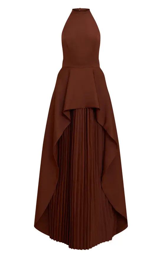 Plt CHOCOLATE WOVEN HALTERNECK PLEATED UNDERLAY MAXI DRESS