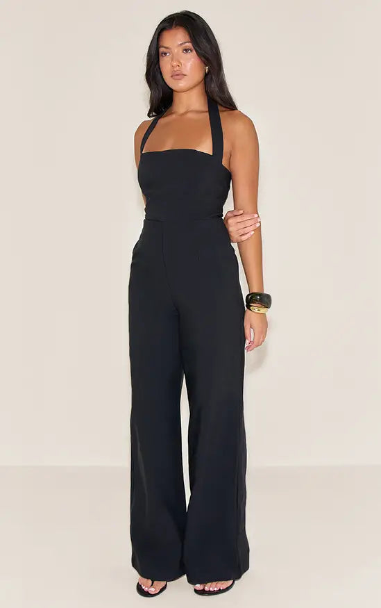 Plt - Black Premium Woven Halter Neck Wide Leg Jumpsuit