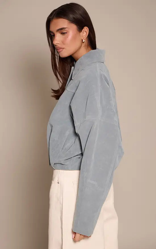 Plt - Dusty Blue Faux Suede Covered Placket Bomber Jacket
