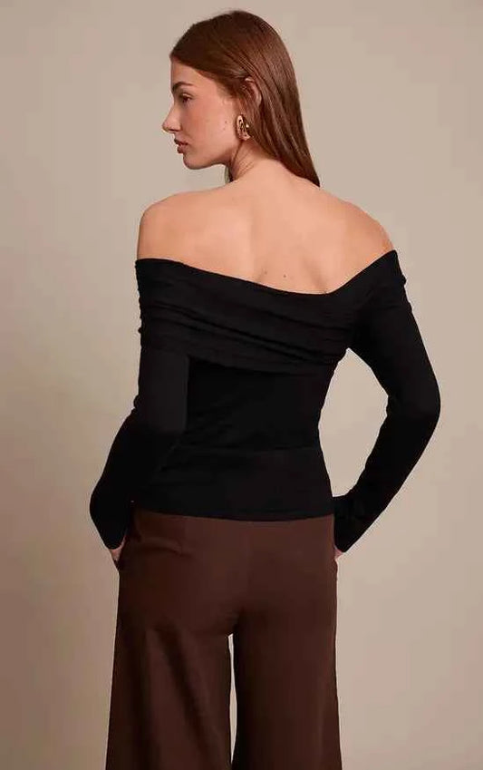 Plt - Black Long Sleeve Asymmetric Shoulder Knitted Top