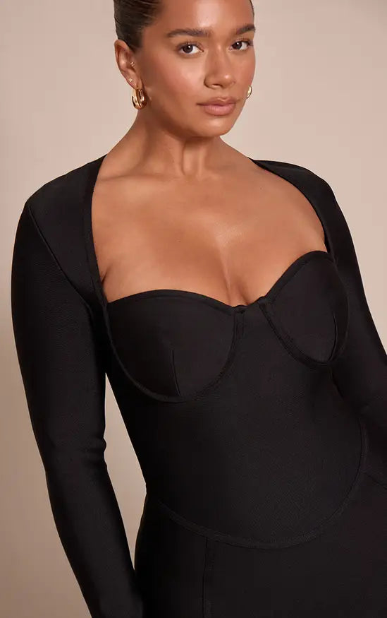 Plt - Shape Black Bandage Long Sleeve Corset Maxi Dress