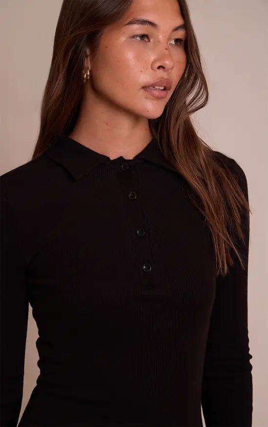 Plt - Black Ribbed Button Down Collar Detail Long Sleeve Maxi Dress