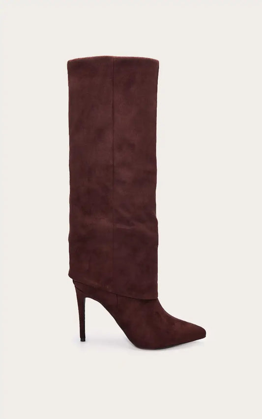 plt Chocolate Faux Suede Point Toe Fold Over High Heeled Calf High Boots
