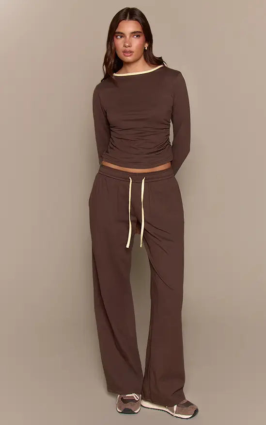 Plt Chocolate Cotton Contrast Cuff Long Sleeve Top
