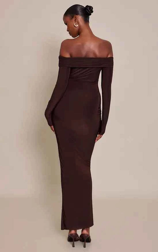 Plt - Chocolate Slinky Off The Shoulder Wrap Maxi Dress