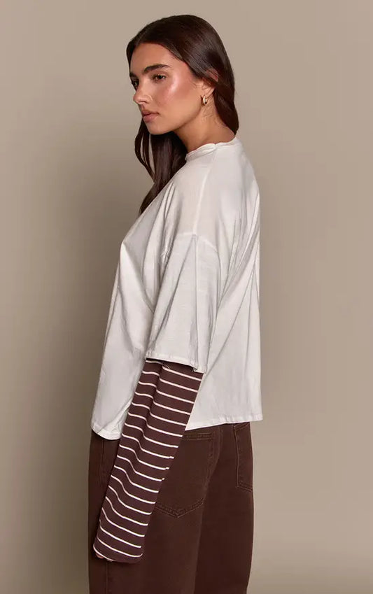 Plt - White Contrast Stripe Sleeve Detail Oversized T Shirt
