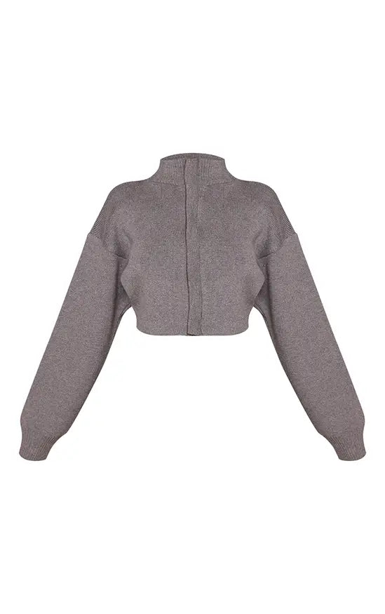 Plt - Petite Grey Marl Ribbed Knit Zip Up Cardigan