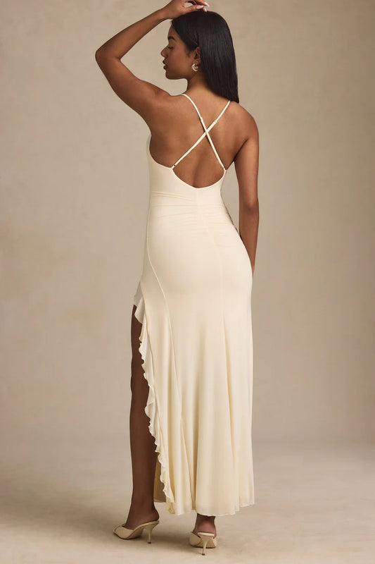 Ohpolly - Ruched Ruffle-Trim Maxi Dress in Ivory