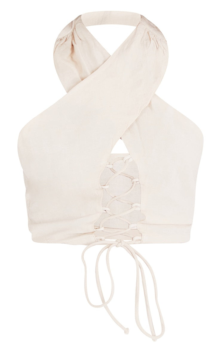 Sand Linen Feel Lace Up Halter Top